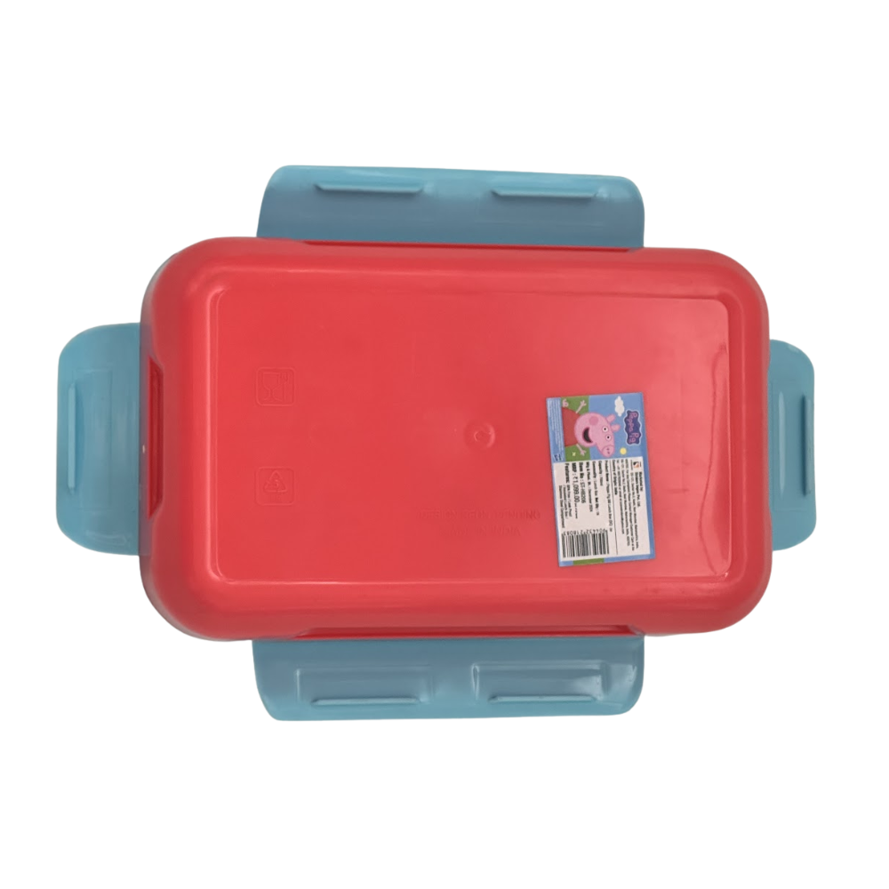 Red and blue plastic containers with a visible brand label on a white background