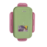 Green and pink container with a label on a white background