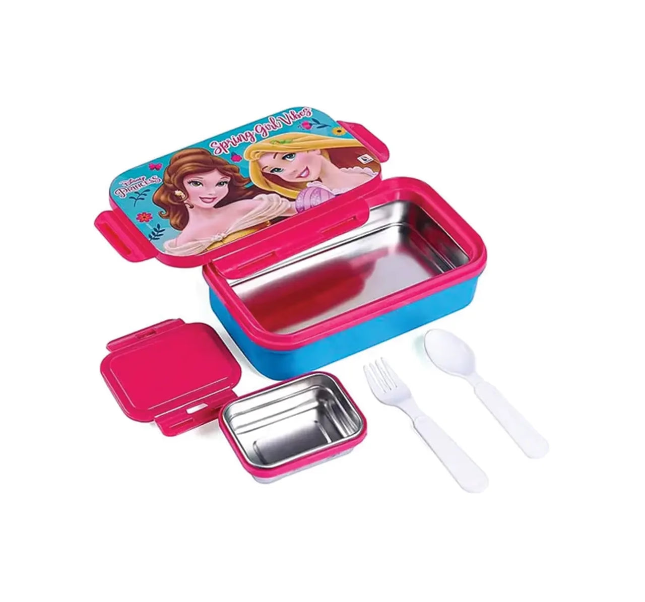 Children's lunch box set with princess design, pink and blue containers, and white utensils on a white background.
