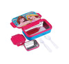 Children's lunch box set with princess design, pink and blue containers, and white utensils on a white background.