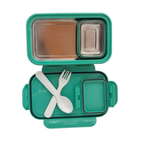 Green lunch box with compartments and cutlery on a white background