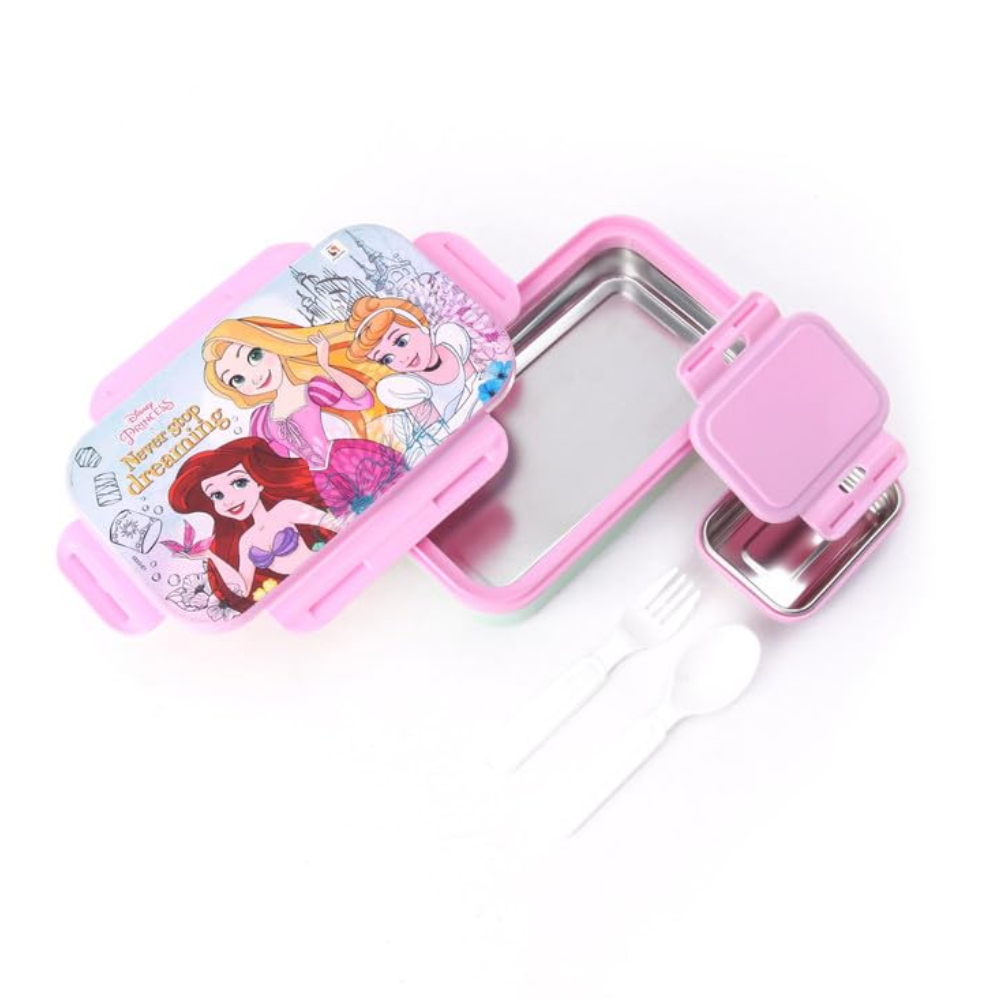 Pink princess-themed lunch box with mirror and spoon on a white background
