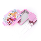 Pink princess-themed lunch box with mirror and spoon on a white background