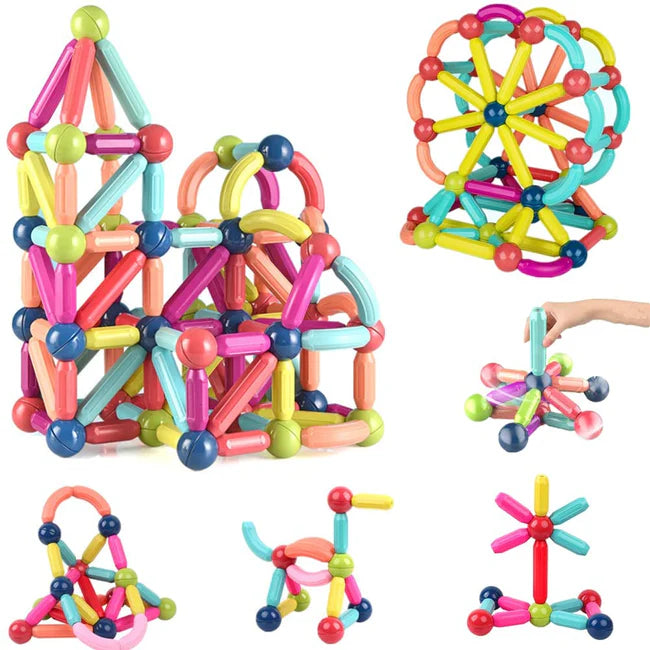 A colorful collection of magnetic stick blocks arranged in various 2D and 3D shapes, demonstrating the versatility of the toy set.