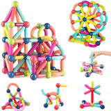 A colorful collection of magnetic stick blocks arranged in various 2D and 3D shapes, demonstrating the versatility of the toy set.