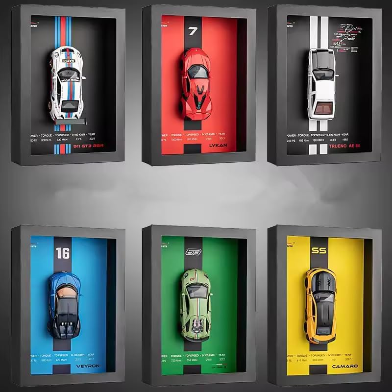 Six framed model cars displayed against a gray background