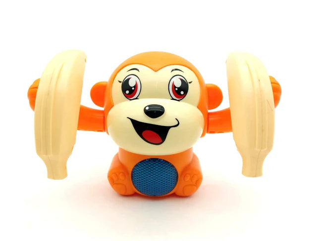 A multicolored plastic dancing and spinning monkey toy.
