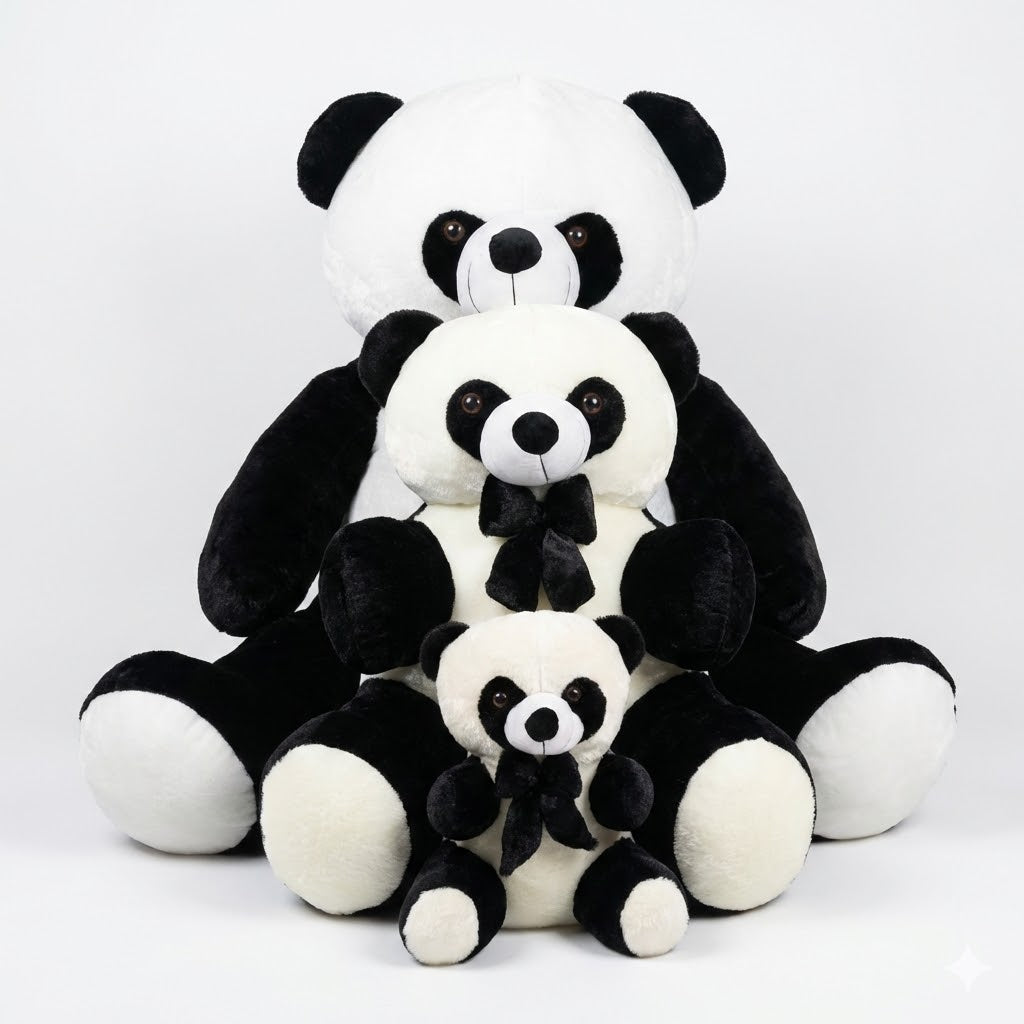 Stack of black and white panda plush toys on a white background