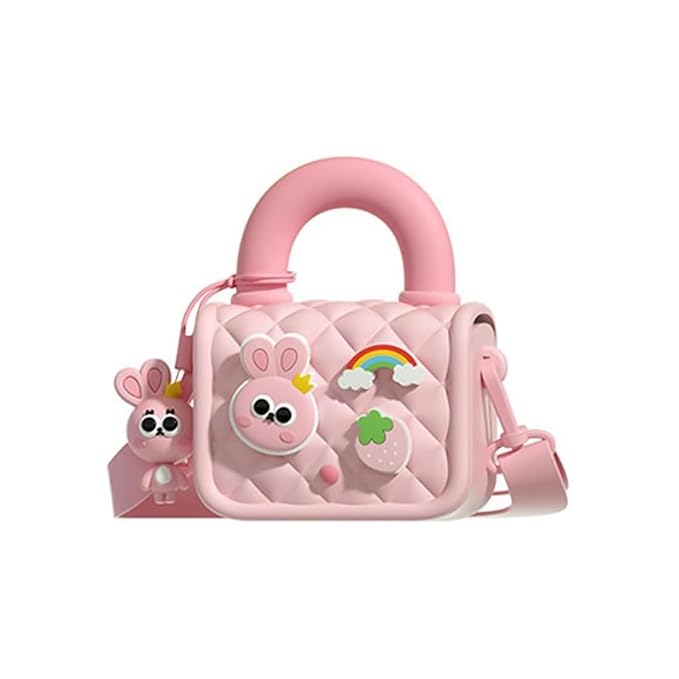 A pink mini handbag with 3D cartoon character decorations, designed for kids.