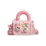 A pink mini handbag with 3D cartoon character decorations, designed for kids.