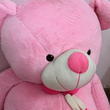 Close-up of a pink teddy bear with a white muzzle and black eyes.