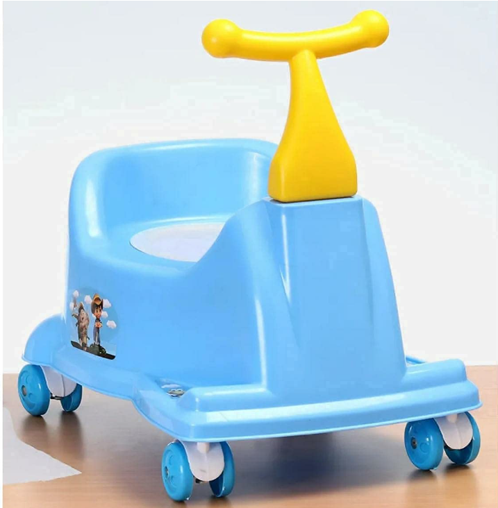 A light blue plastic toddler potty training seat with a yellow handle and four wheels, featuring a small cartoon graphic on the side.