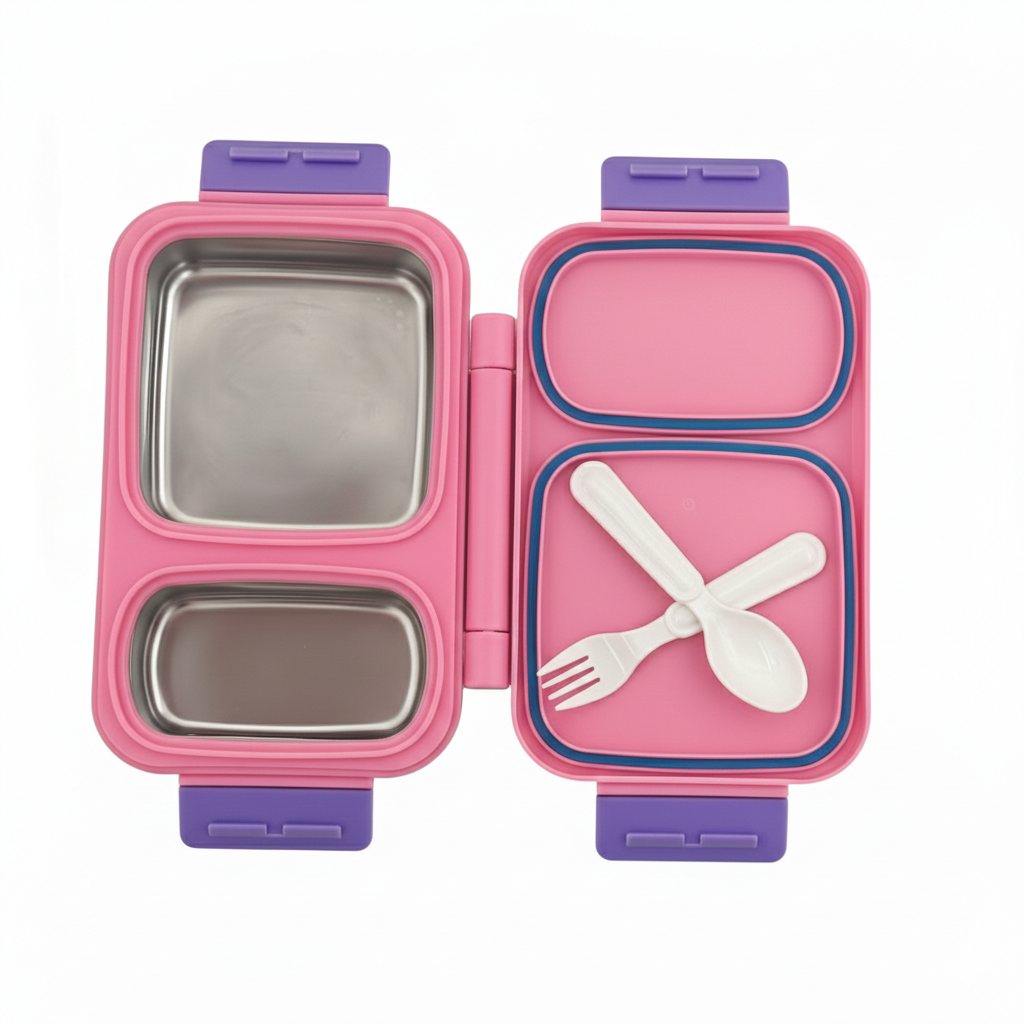 Pink and purple bento box with compartments and a fork and spoon inside on a white background