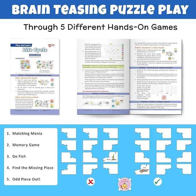 Educational product packaging with brain teasing puzzle play and game sheets on a blue background.