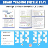 Educational product packaging with brain teasing puzzle play and game sheets on a blue background.