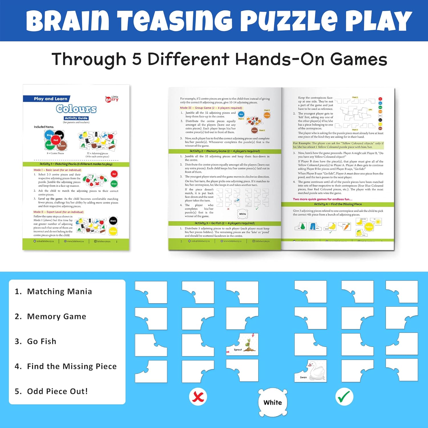 Educational materials with brain teasing puzzle play and hands-on games on a blue background