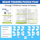 Educational materials with brain teasing puzzle play and hands-on games on a blue background