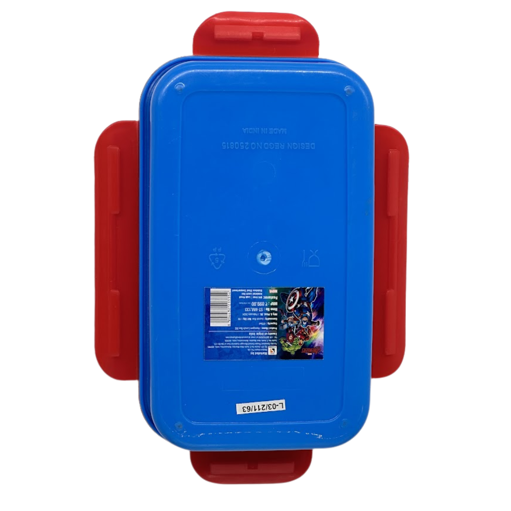 Blue rectangular container with red lids on a white background