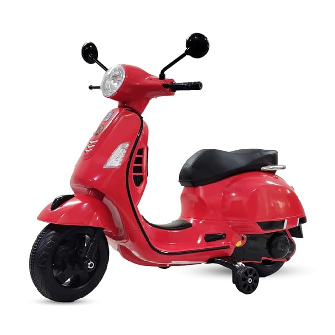 A red battery-operated ride-on scooter for kids with visible handlebars, wheels, and a seat.