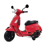 A red battery-operated ride-on scooter for kids with visible handlebars, wheels, and a seat.