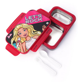 Red lunch box with Barbie design and 'Let's Rock' text on a white background