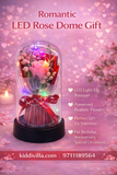 LED rose dome gift with preserved flowers on a pink heart-shaped background