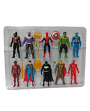 Set of superhero action figures in a clear packaging on a white background
