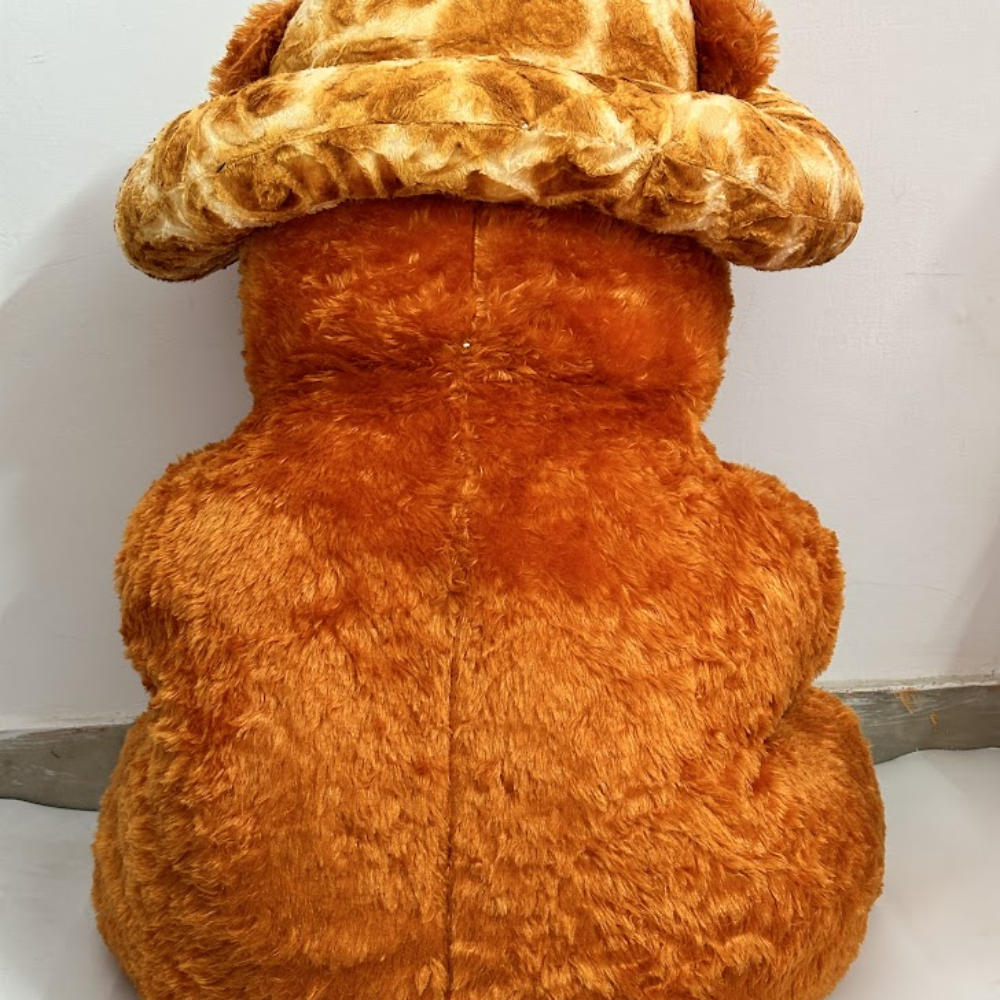 Brown teddy bear with a matching hat on a white background
