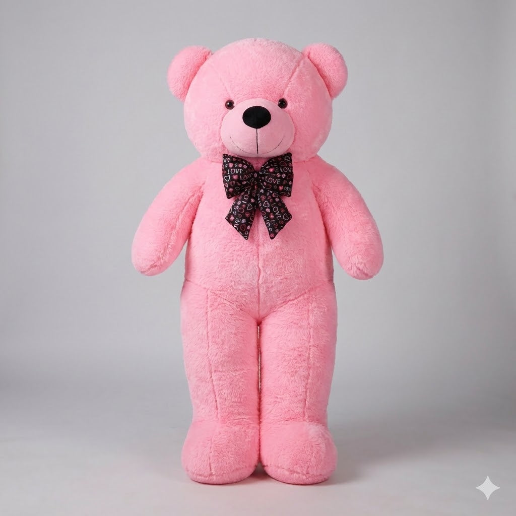 Pink teddy bear with a bow tie on a gray background