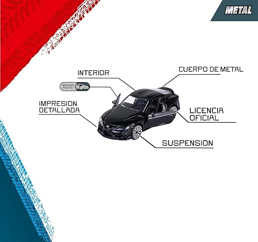 Black toy car with features labeled on a white background