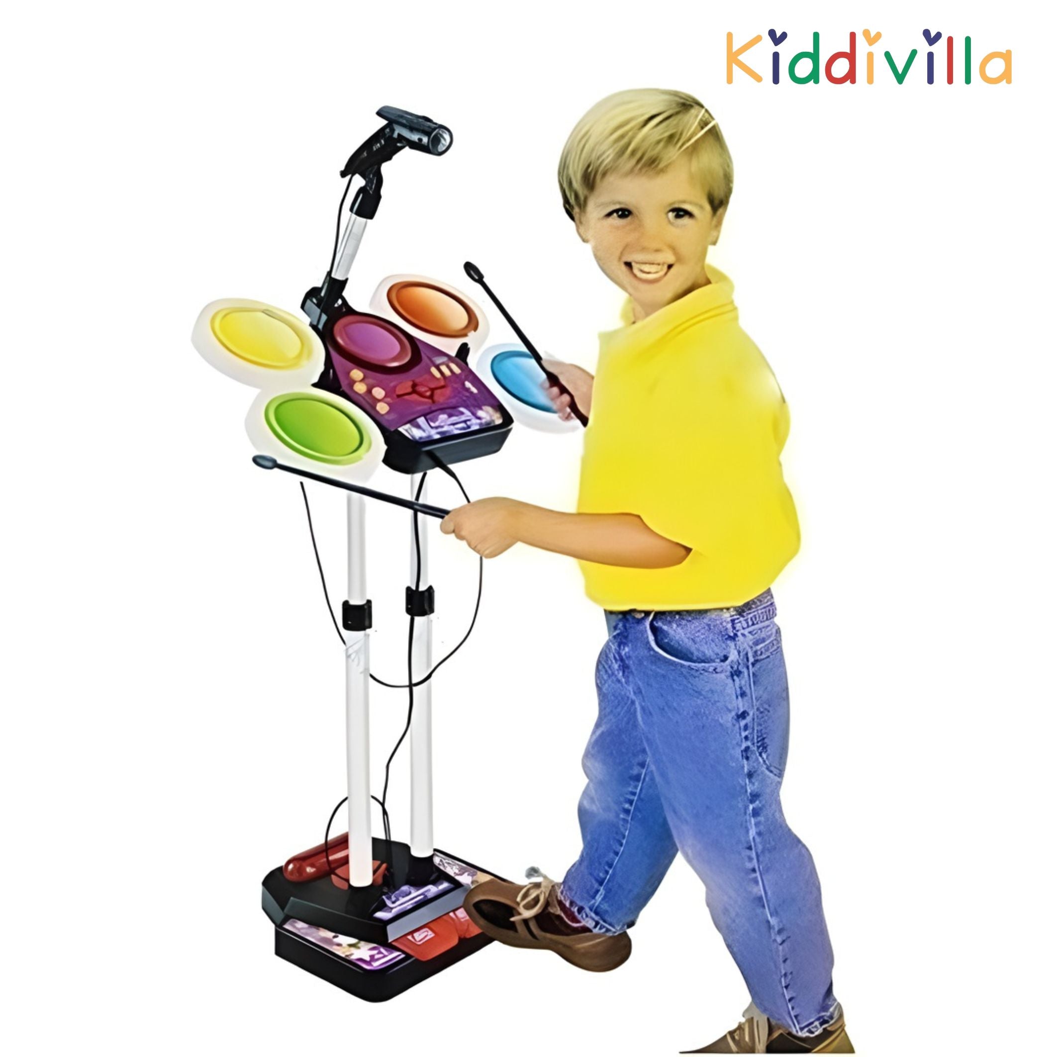 Child playing with a colorful toy drum set on a white background, with 'Kiddivilla' branding.