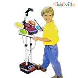Child playing with a colorful toy drum set on a white background, with 'Kiddivilla' branding.