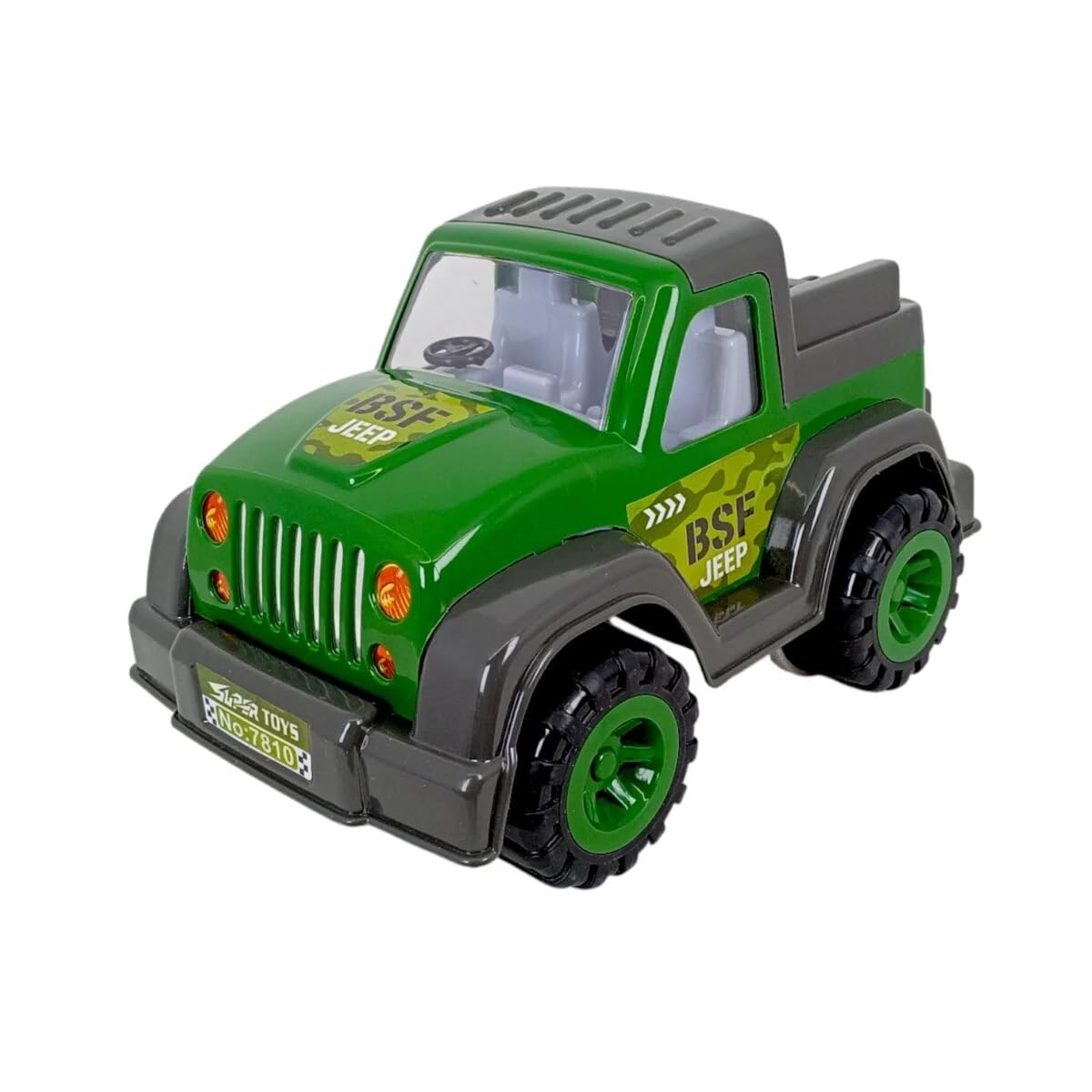 Toy jeep with green and gray color scheme on a white background