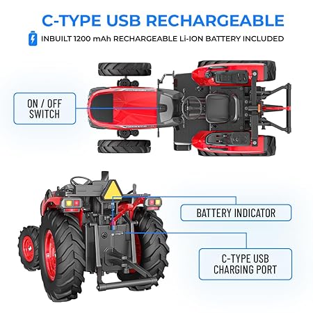 Red and black toy tractor with charging port and battery indicator features on a white background