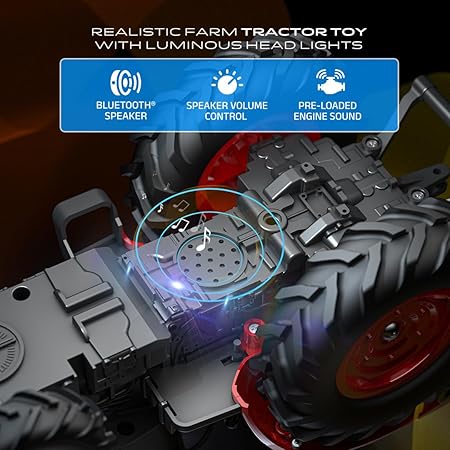 Realistic farm tractor toy with luminous headlights and Bluetooth speaker features.