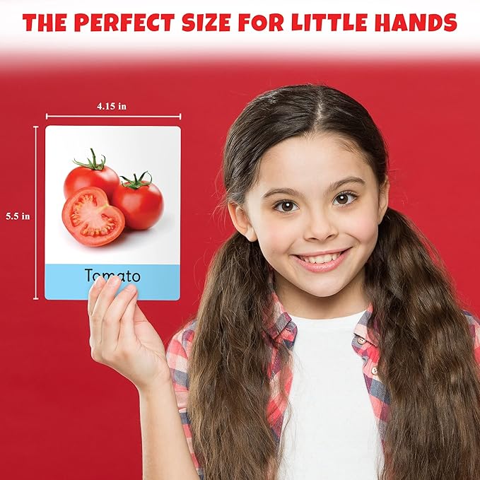  card with tomatoes and text about size for little hands on a red background