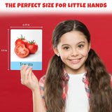  card with tomatoes and text about size for little hands on a red background